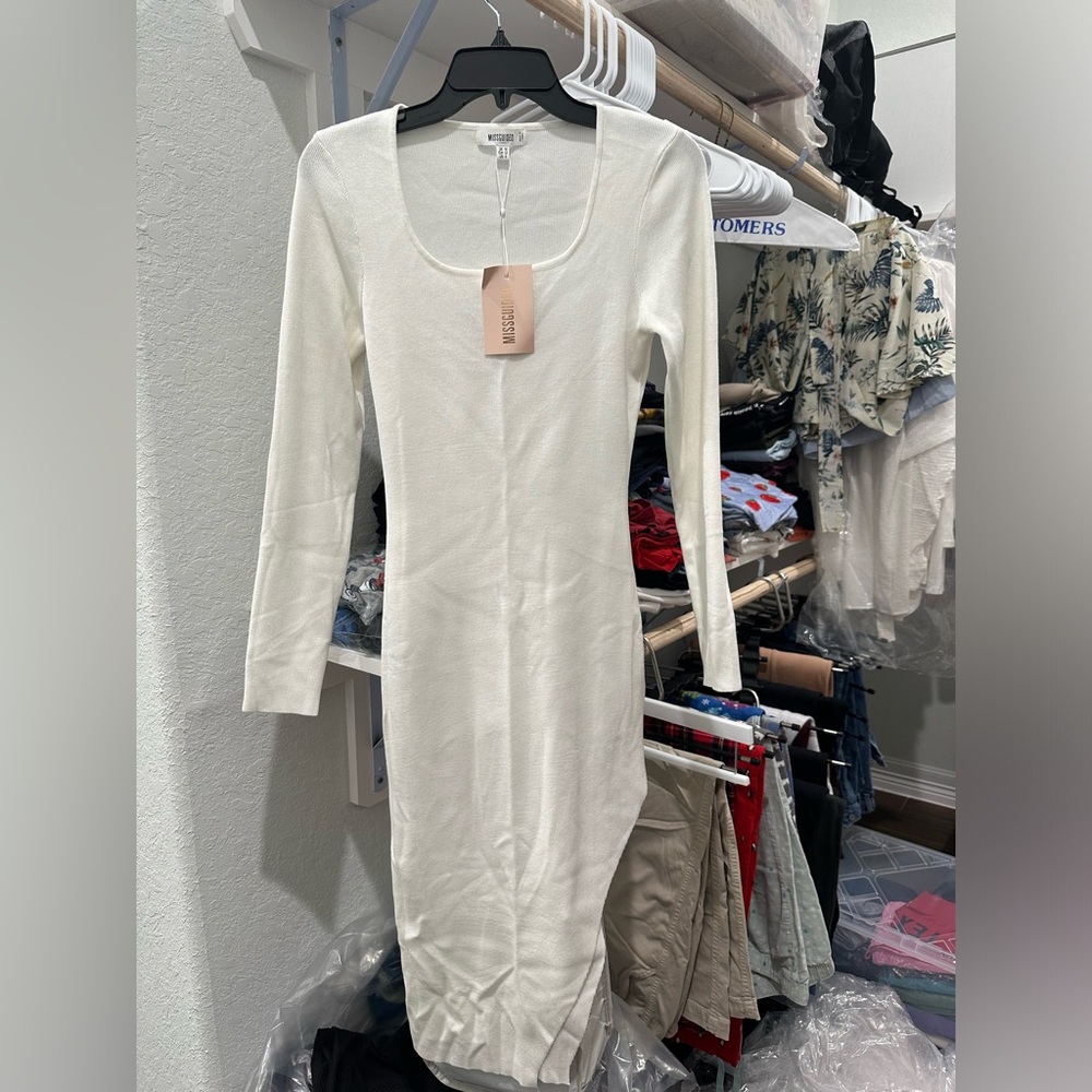 Misguided asymmetrical long sleeve ribbed dress